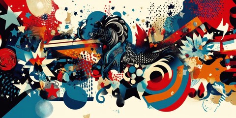 Abstract Colorful Composition Featuring Stars and Ornate Designs