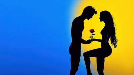 Romantic Silhouette Couple Holding Red Rose Against Blue and Yellow Background