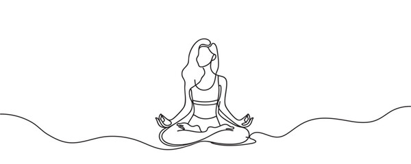 Woman sitting in yoga pose. Continuous one line drawing. Vector illustration