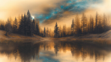 Fototapeta premium Enchanting moonlit landscape with milky way over tranquil lake