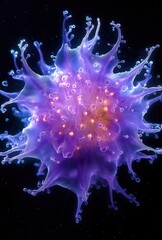 Obraz premium Colorful abstract representation of a cell with vibrant purple and orange hues surrounded by a dark background highlighting organic shapes and textures