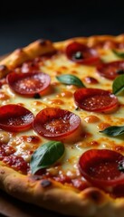 Hot steaming pizza with pepperoni, ham, bacon, tomatoes, paprika , smoke, meal