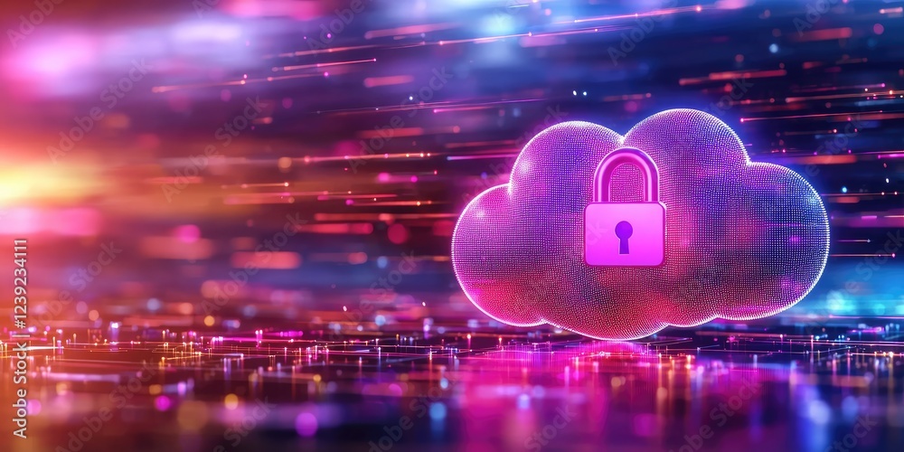 Poster conceptual image of a cloud with a lock representing cloud data protection and cybersecurity