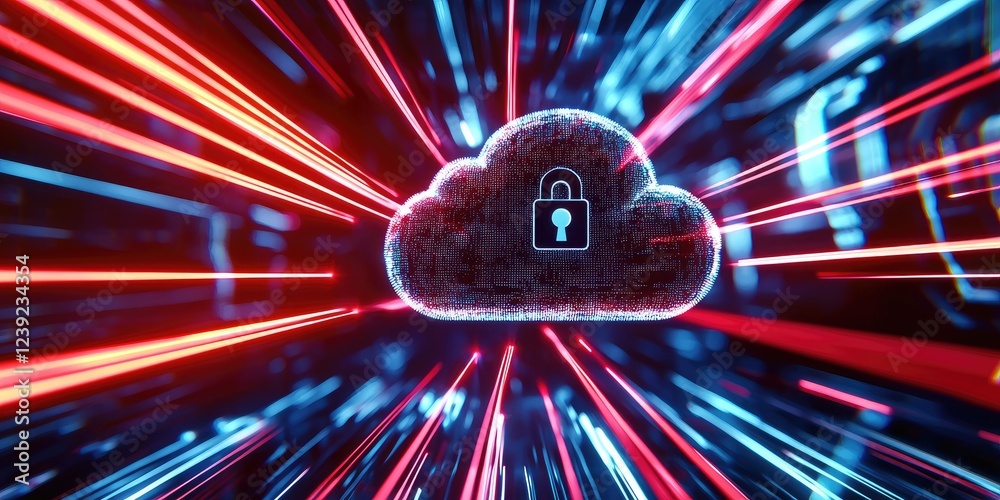 Poster conceptual image of a cloud with a lock representing cloud data protection and cybersecurity