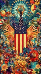 American Flag Surrounded By Vibrant Floral And Cosmic Imagery