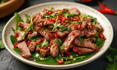 Fototapeta premium Spicy Grilled Beef Salad with Herbs and Chili