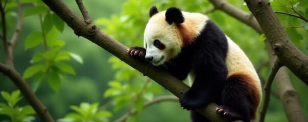 Obraz premium Large panda skillfully climbs thick branches, showing agile movements, giant panda, wood