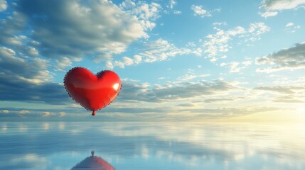 Fototapeta premium Red Heart Shaped Balloon Floating Above Calm Water at Sunset