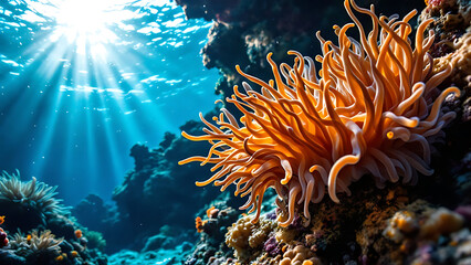 Obraz premium Coral anemone illuminated by sunlight filter through water