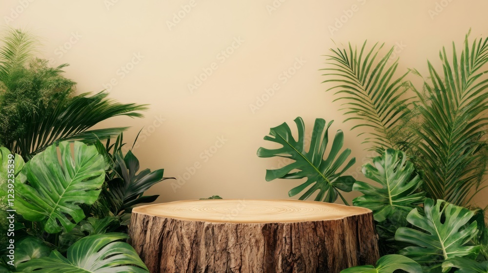 Aufkleber A vibrant setting for a spring event features a wooden podium made from a tree stump, surrounded by lush green plants and tropical leaves, creating a refreshing and inviting atmosphere.