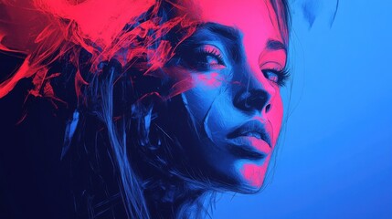 Abstract Portrait of a Woman in Red and Blue Hues