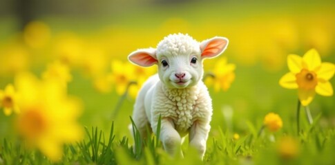 Obraz premium Playful lamb in a field of daffodils, vibrant yellow and white theme, sheep, happy