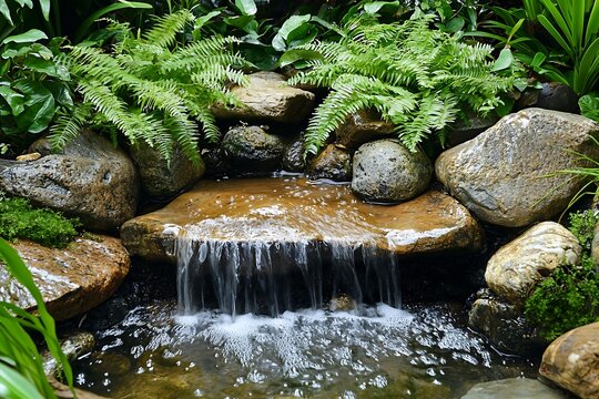 A tranquil mountain stream cascading over smooth stones surrounded by vibrant green moss and ferns