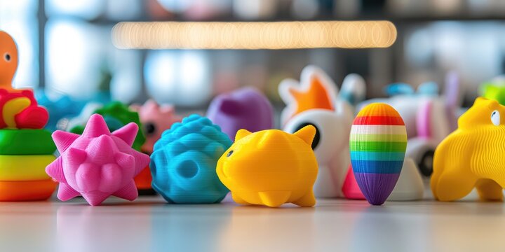 Colorful assortment of 3D printed toys on a light neutral surface, illustrating creativity in modern manufacturing
