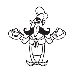 Logo male cook. Chef holds a ready dish. Kitchen. Cooking. Drawing. Minimalism. Linear isolated character. Outline.