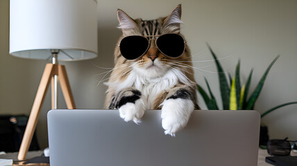 A White Cat Wearing Sunglasses On Vacation, Watching Laptop HD wallpaper