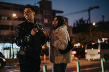 Charming couple sharing a moment of joy while strolling through a vibrant city street at night. The scene captures a sense of friendship, companionship, and relaxation in an urban environment.