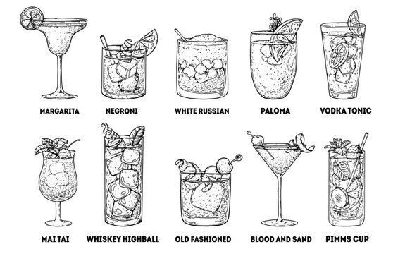 Alcoholic cocktails sketch. Hand drawn vector illustration. Cocktail glass set. Cognac, brandy, vodka, tequila, whiskey, champagne, wine cocktails.
