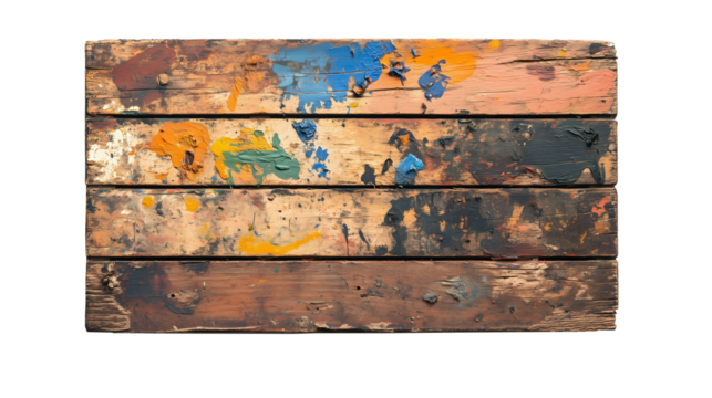 weathered wooden signboard with colorful paint splashes isolated png transparent background