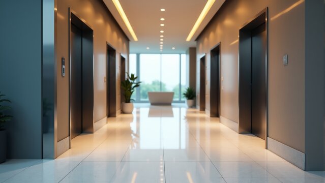 Modern office corridor bustling with activity during early morning hours