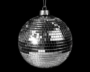Shimmering Silver Mirror Ball on Black Background, Perfect for Disco, Entertainment, and Nightlife Themes