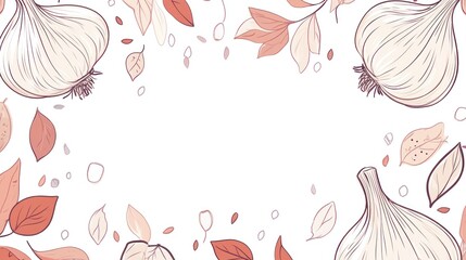 Garlic, herbs frame, cooking recipe, white background, food blog