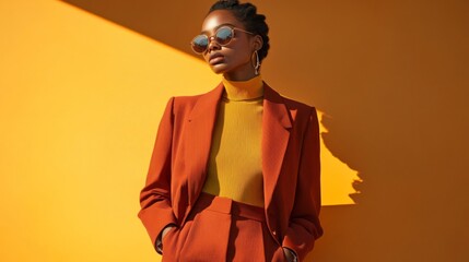 Obraz premium Stylish Woman in Orange Suit Posing Against Yellow Wall