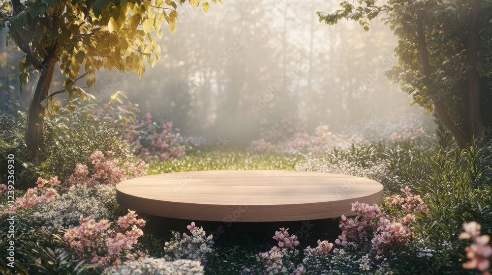 Poster in a tranquil spring setting, a smooth wooden podium rests amidst vibrant blooms and lush greenery. 