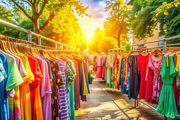 Summer Sale: Colorful Clothes Hanging in Panoramic View