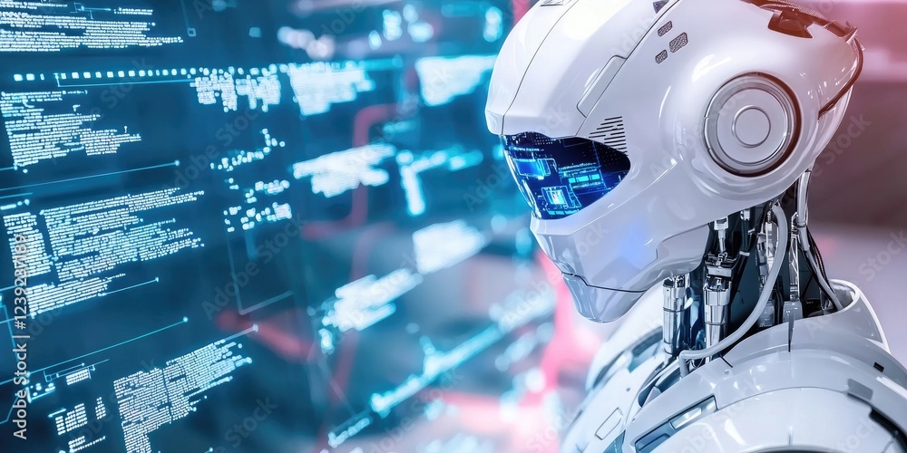 Poster futuristic robotic engineer working with advanced AI technology in a clean lab