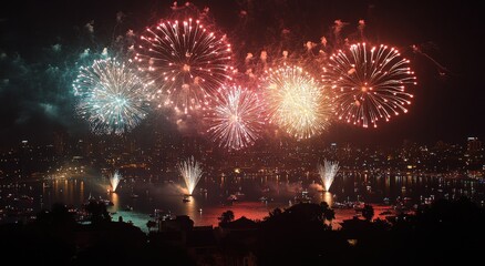 Obraz premium Colorful Fireworks Display Over Cityscape at Night with Reflections on Water in Festive Atmosphere