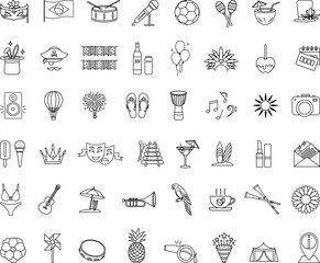 Brazil Carnival Icon Set. Vector Icons Mask, Brazil Flag, Drum, Microphone, Soccer Ball, Maracas, Coconut Cocktail, Carnival Hat, Cachaça, Candy Apple, Garlands, Darbuka, Confetti, Subwoofer, and More