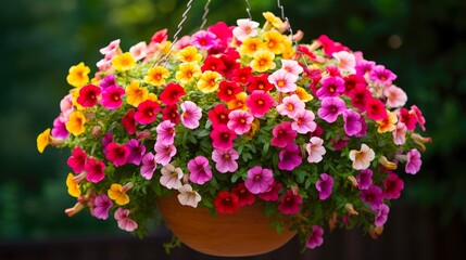 Fototapeta premium Summer Blooming Calibrachoa Flowers in Pink and Red-Yellow Throat Hanging Basket. Floral Garden Group with Lush Green Leaves