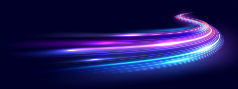 Modern abstract high speed movement. Dynamic motion light trails on dark blue background. Futuristic digital technology movement concept. Pattern for banner. Vector EPS10.