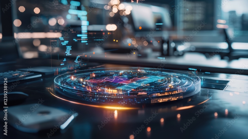 Poster visualizing real-time data analysis futuristic workspace holographic dashboard high-tech environment
