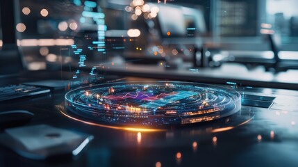 Visualizing real-time data analysis futuristic workspace holographic dashboard high-tech environment immersive view dynamic analytics