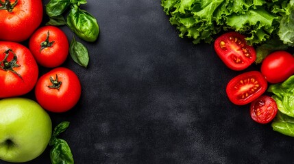 Fresh tomatoes, lettuce, and a green apple are artistically arranged against a dark background, highlighting their vibrant colors, Ideal for food blogs, healthy recipes, or grocery marketing,
