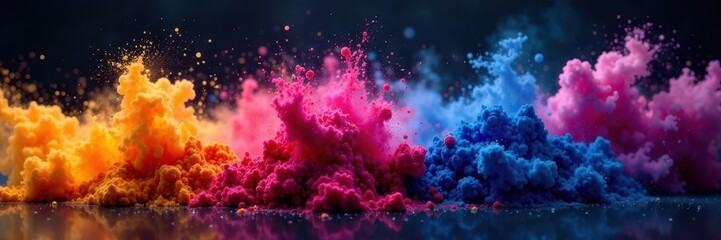 Fototapeta premium Swirling colored powder clouds, dark background, swirl, powder