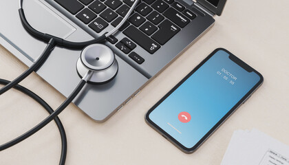 stethoscope on laptop. phone with stethoscope. telemedicine or online healthcare. smart phone calling with doctor.3d rendering.