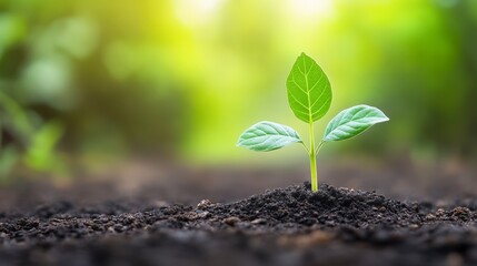 Fototapeta premium A close-up of a green seedling emerging from rich soil, symbolizing growth and new beginnings, ideal for topics on environmentalism, gardening, and sustainability campaigns,