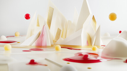 An architectural masterpiece of fusion desserts, meticulously arranged with geometric precision on a sleek, neutral-toned plate. Gold leaf accents and dramatic lighting add luxury.