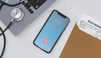 overhead view smartphone and laptop on the table. mobile phone calling to a doctor. concept of telemedicine or telehealthcare. 3d rendering