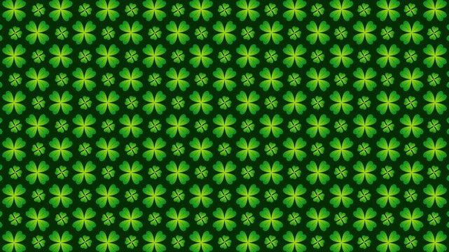 A seamless green clover pattern transforming through rotation, shifting, expanding, and contracting movements. Features two types of pattern changes in a single loop