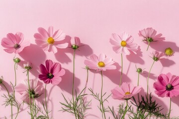Obraz premium Pink Cosmos Flowers on Pink Background Floral Photography