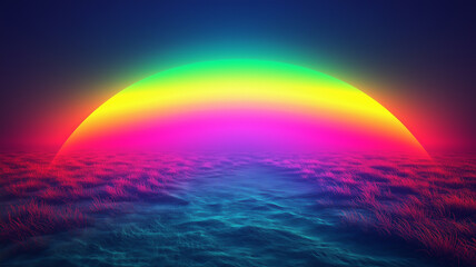 Rainbow over the water creative background. Bright shining luminous rainbow poster. Digital painting. AI artwork.	