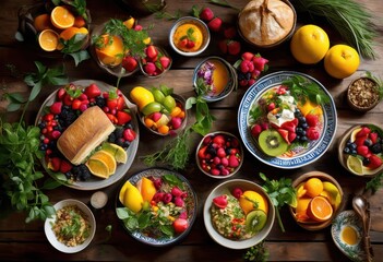 colorful food presentations styled rustic wooden planks showcasing fresh ingredients artistic flair, arrangement, colors, freshness, plating, vibrant, serve