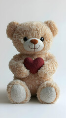 Obraz premium A single cute teddy bear holding a heart, soft texture against pure white background