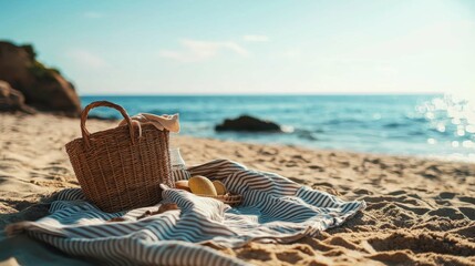 Sunny Beach Picnic with Wicker Basket and Soft Blanket by Waves