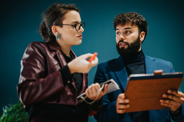 Two colleagues engage in a professional discussion while analyzing notes and data during work.