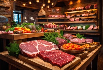 Obraz premium colorful gourmet meat display showcasing array exquisite beautifully arranged paired fresh produce complementary ingredients, butcher, vibrant, cuisine